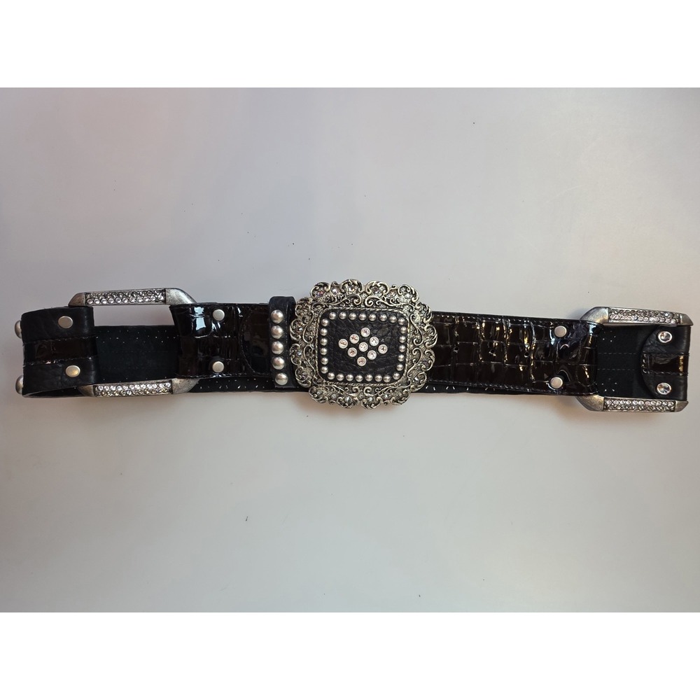 Leatherock Belt Size 34 Statement Belt Western Studded Crystal Black Silver